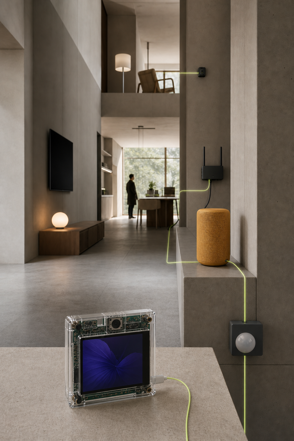 A single distant user and distributed UAgentOS devices in a deep interior